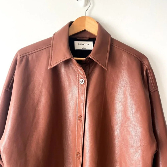Aritzia Babaton Pelli Faux Leather Vegan Shirt Jacket Cognac Brown Size Large - Picture 5 of 8